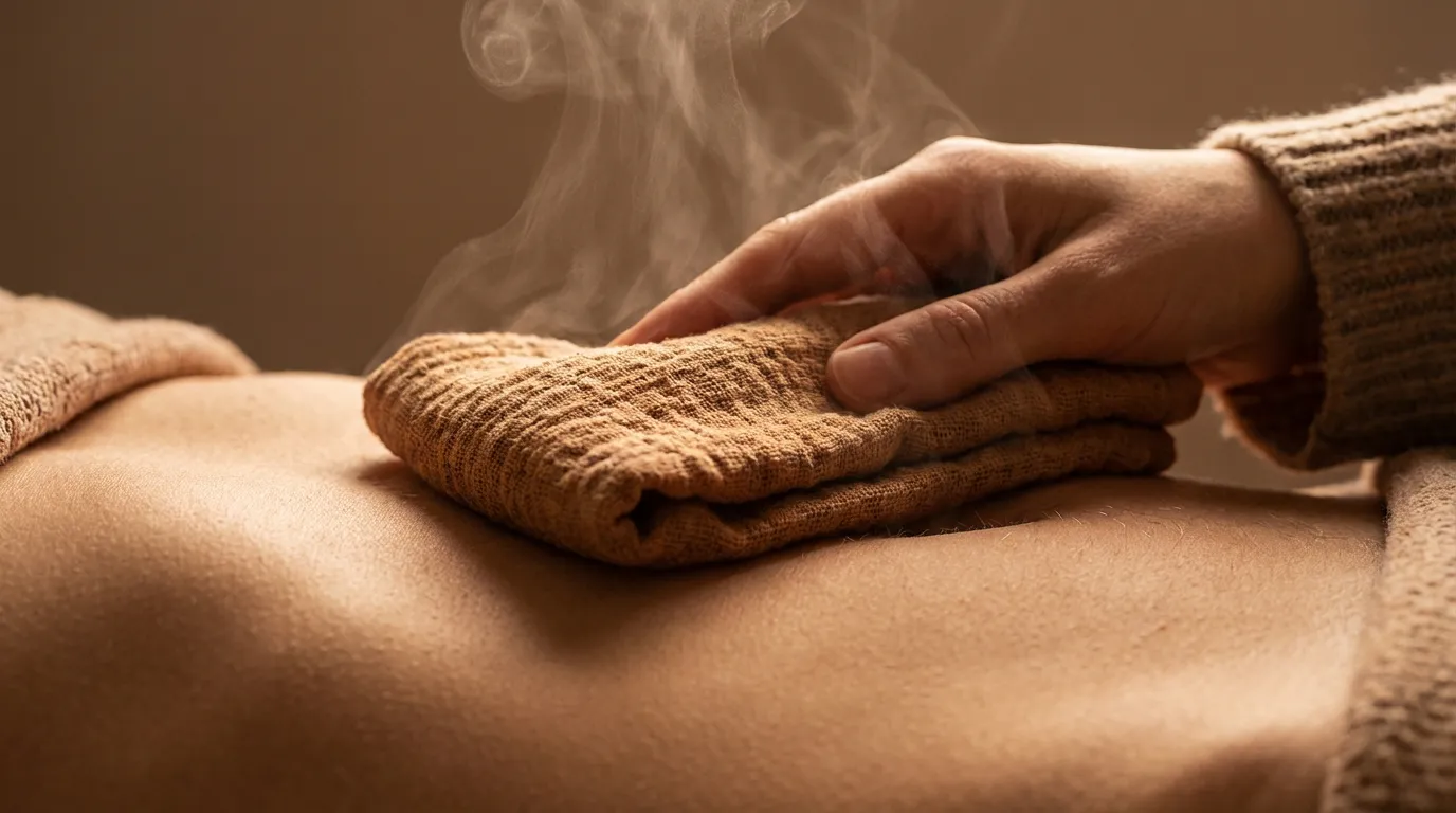 Application d'un soin apaisant sur le ventre pour soulager la douleur.