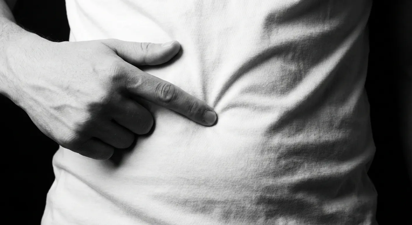 Gros plan d'une main touchant délicatement la zone du nombril.