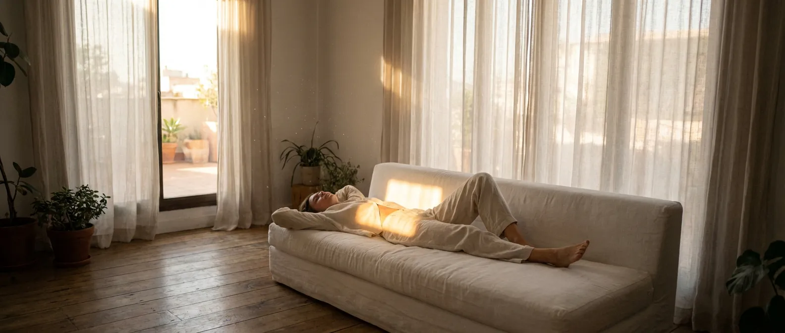 Une femme se repose sereinement après une intervention chirurgicale abdominale dans un cadre lumineux.