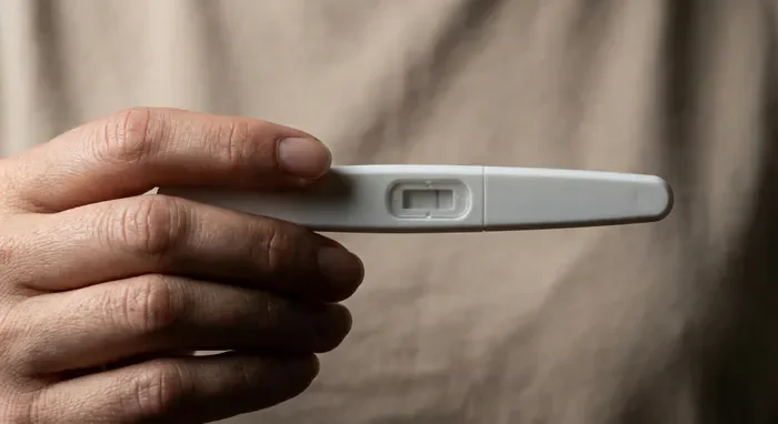 Interpréter un test de grossesse réalisé à dpo 12 Gros plan main tenant un test de grossesse sur fond neutre