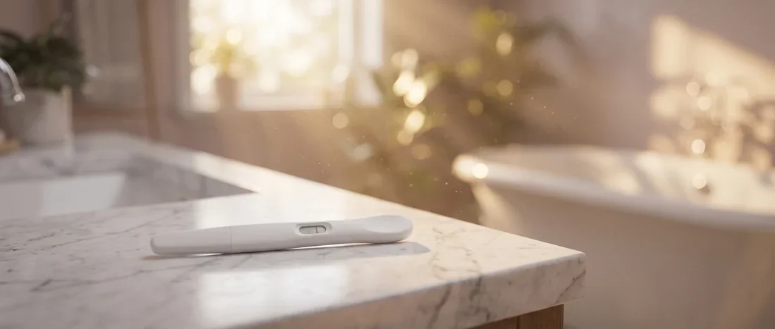 Test de grossesse posé sur du marbre dans une salle de bain lumineuse au matin