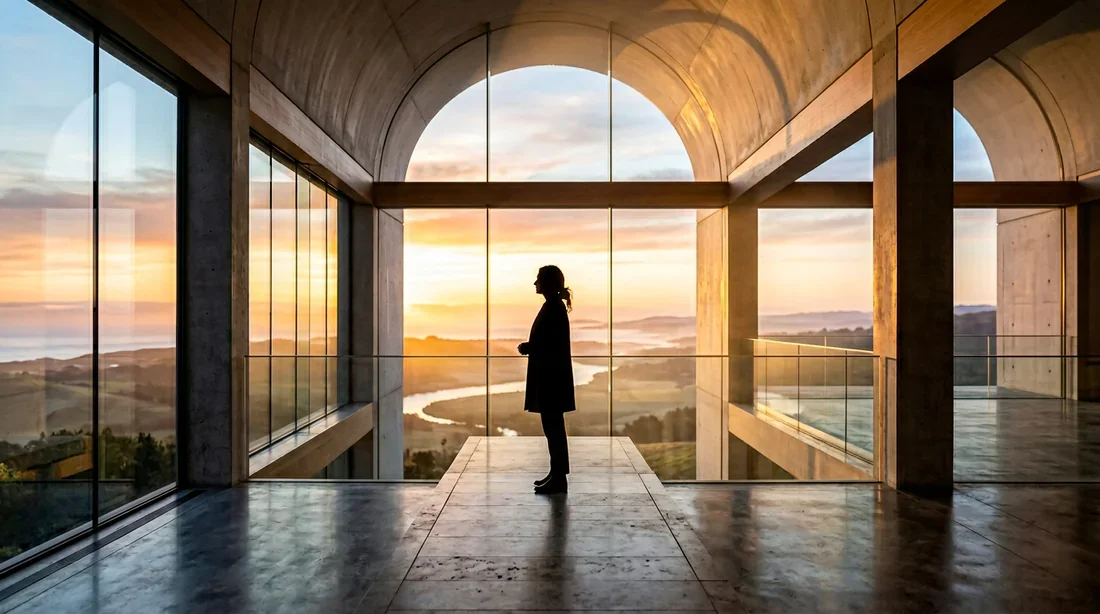 Une femme silhouette dans un espace architectural lumineux, symbolisant l'espoir et le soutien financier lié à l'endométriose.