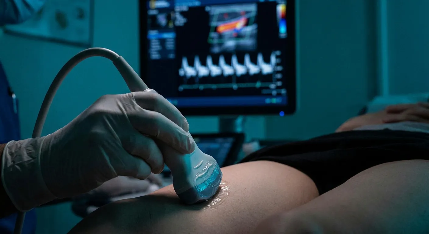 Examen médical professionnel de l'artère fémorale par échographie.