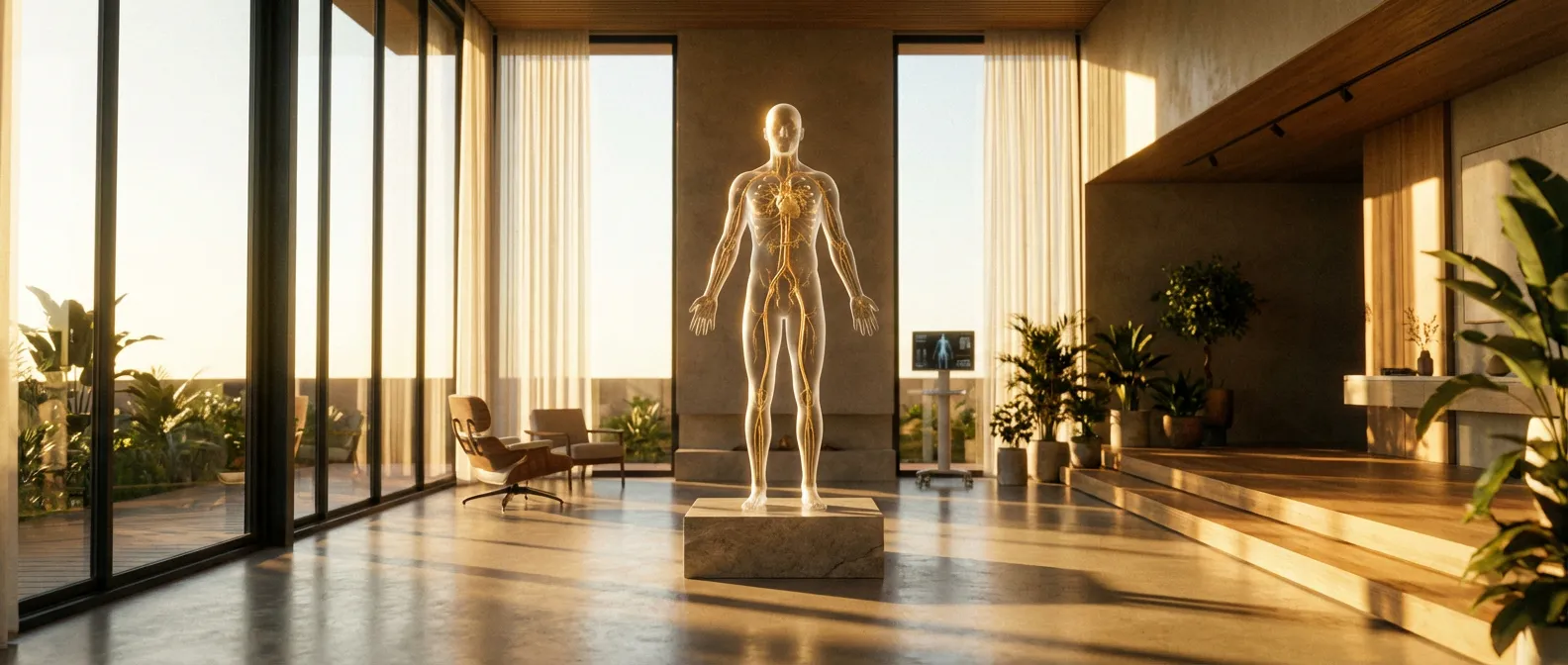 Représentation artistique et médicale de l'artère fémorale dans un environnement luxueux.