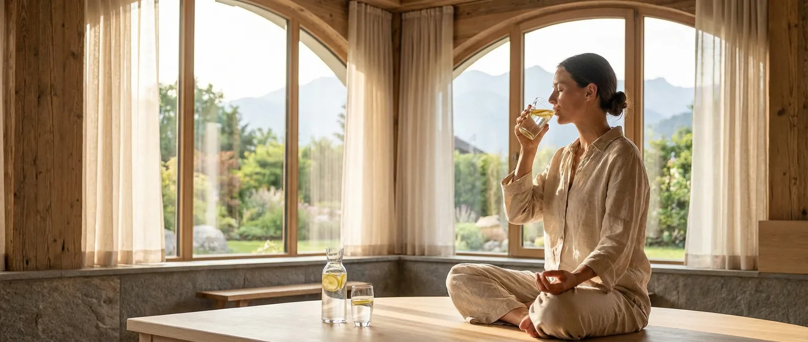 Femme sereine buvant de l'eau citronnée dans un environnement de bien-être