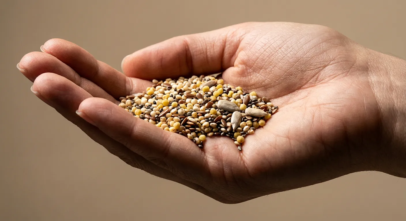 Gros plan iconique de graines variées dans la paume d'une main
