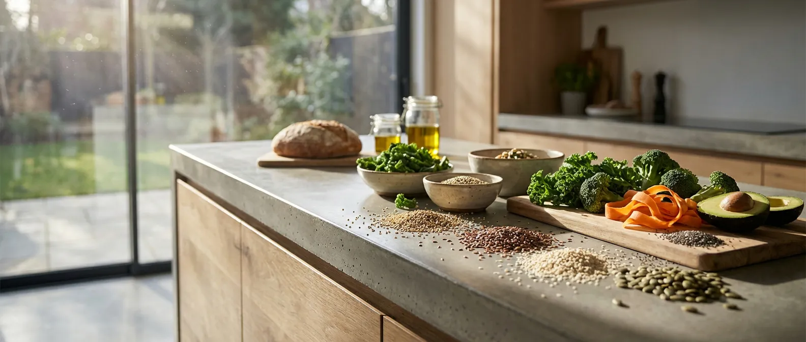 Photographie artistique de diverses graines et légumes riches en fibres sur un plan de travail baigné de lumière