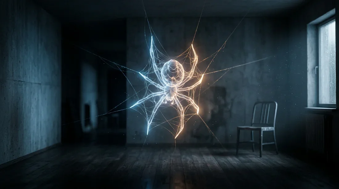 La signification des hallucinations d'araignées Vision surréaliste d'une araignée lumineuse représentant une hallucination dans une pièce sombre