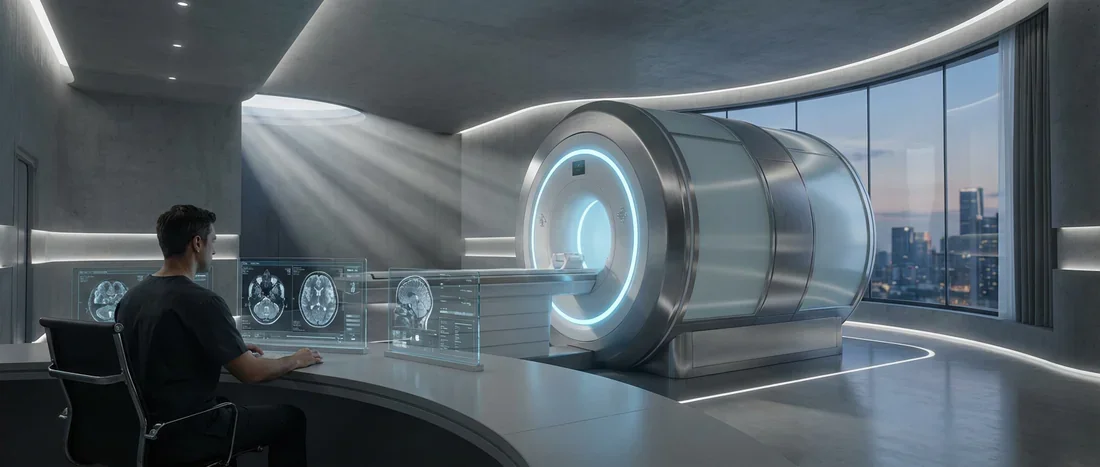 Salle d'examen IRM moderne avec scanner haute technologie et écrans de contrôle affichant des images cérébrales