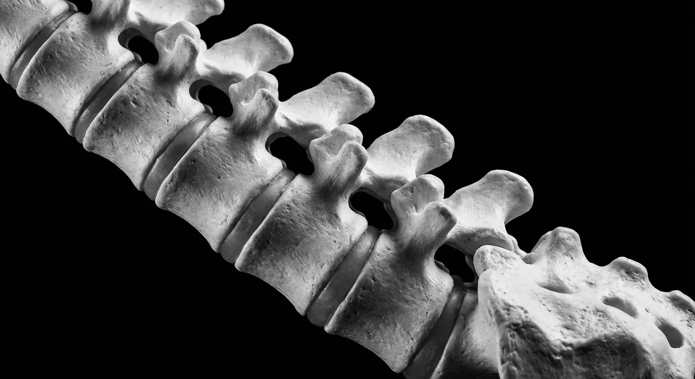 Détail iconique des vertèbres lombaires sur fond noir.