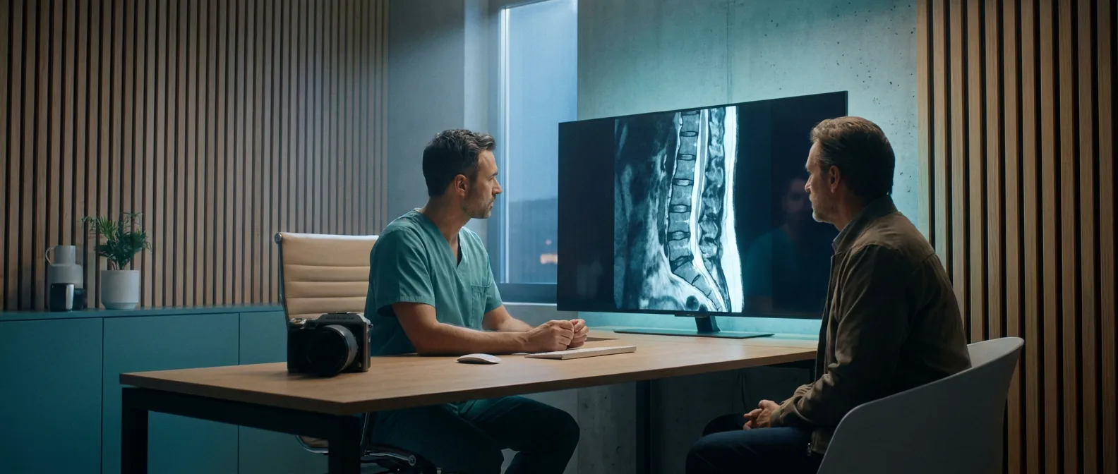 Médecin et patient analysant une IRM lombaire sur un écran haute définition dans un cabinet moderne.