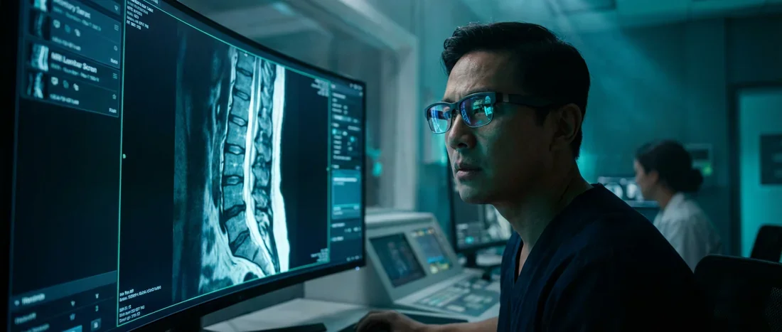 Radiologue examinant attentivement une IRM du rachis lombaire sur un écran numérique haute définition.