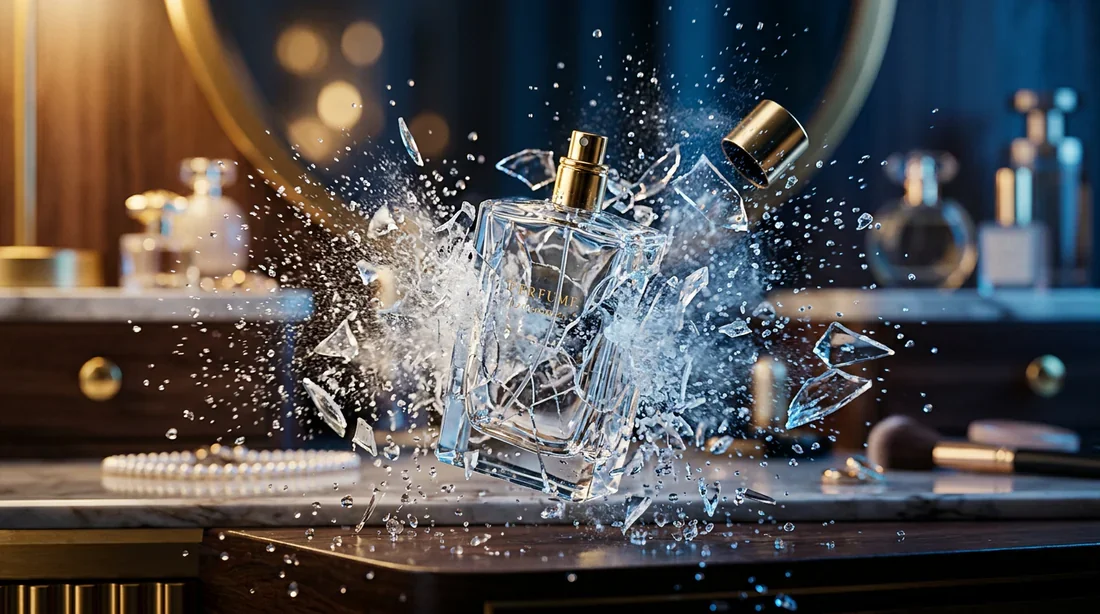 Header - Risques oculaires liés au parfum Une image élégante et artistique de gouttes de parfum en suspension pour illustrer les risques oculaires