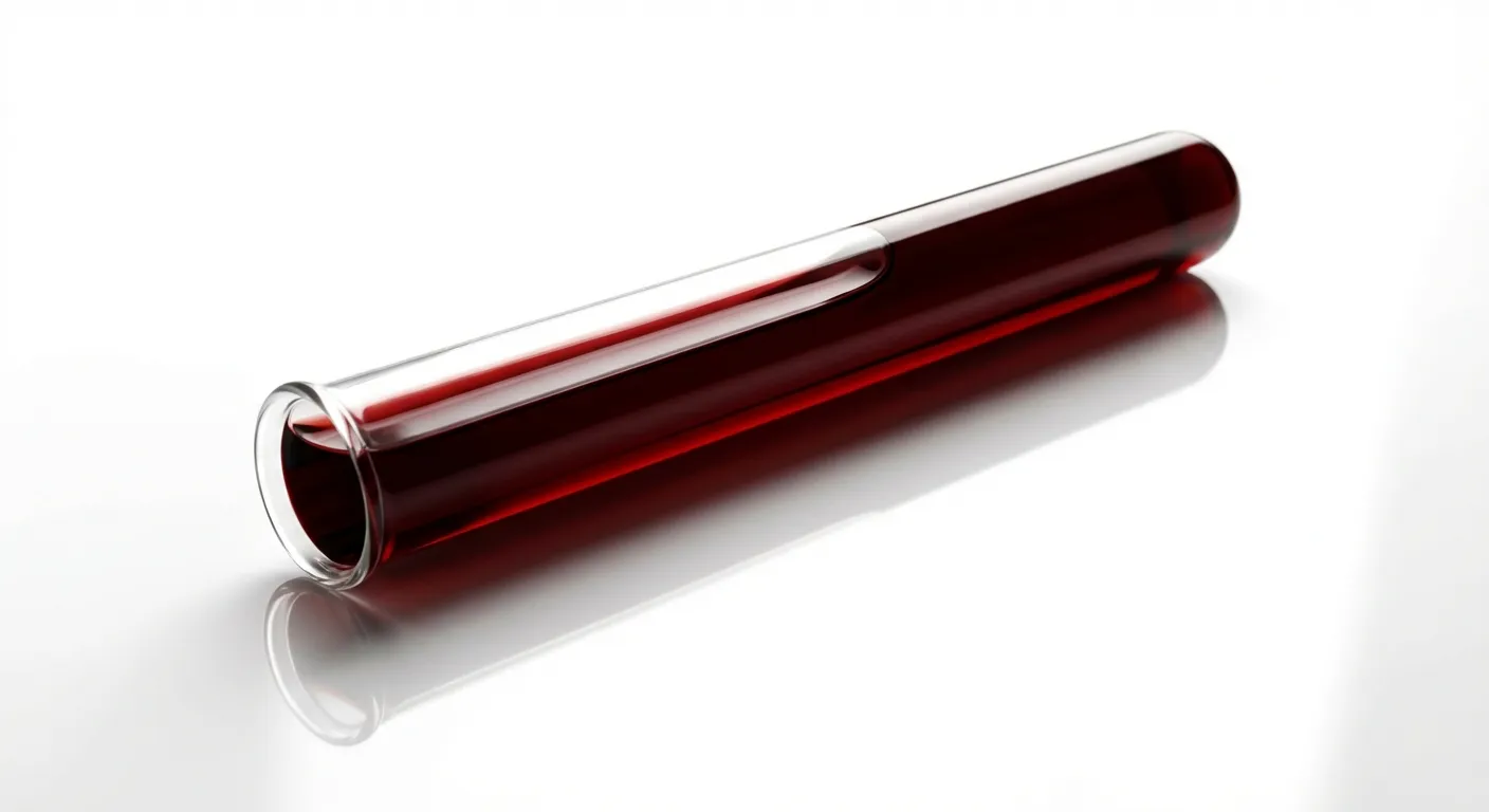 Gros plan sur un tube d'analyse sanguine de haute précision sur fond blanc minimaliste.