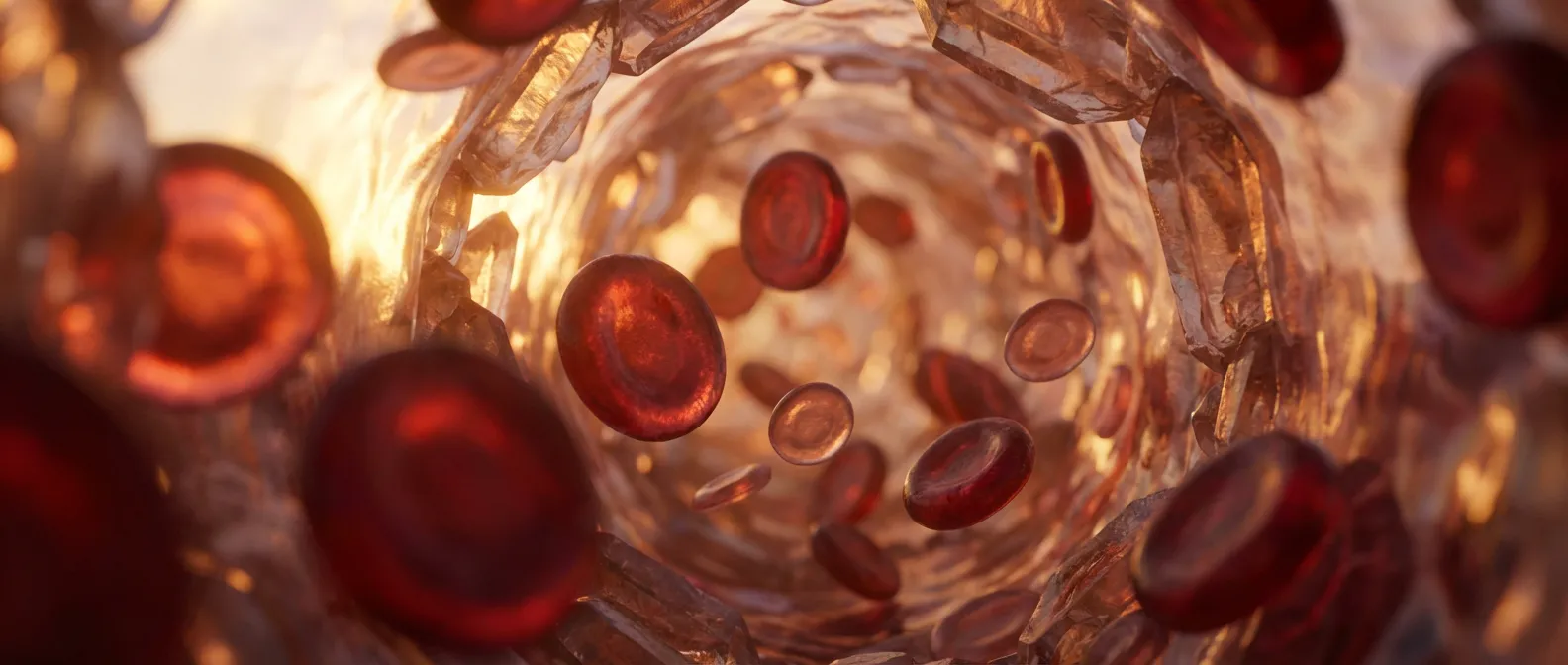 Représentation cinématique et artistique de plaquettes sanguines circulant dans un vaisseau sous une lumière dorée.