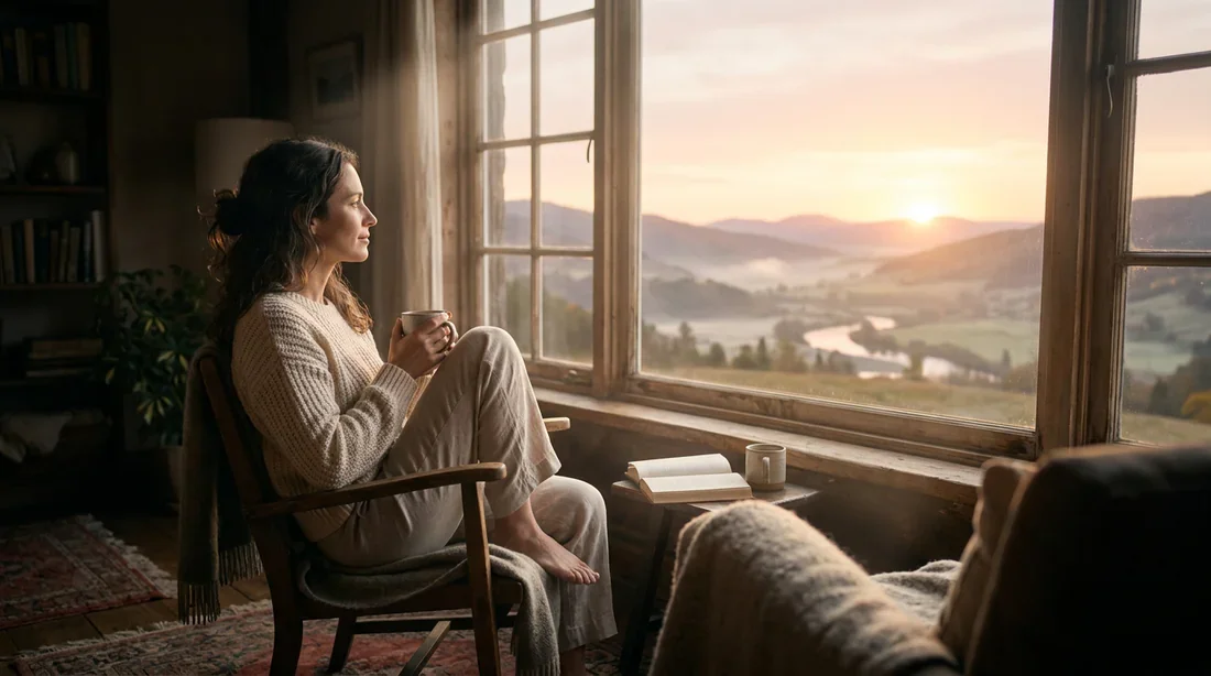 Une personne sereine regardant par la fenêtre au lever du soleil, illustrant le processus de transition après l'arrêt d'un traitement
