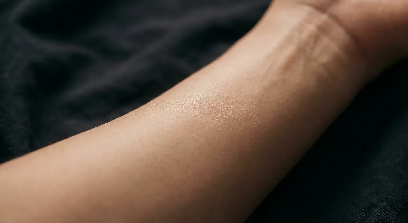 Gros plan iconique sur une peau saine et apaisée après un traitement.