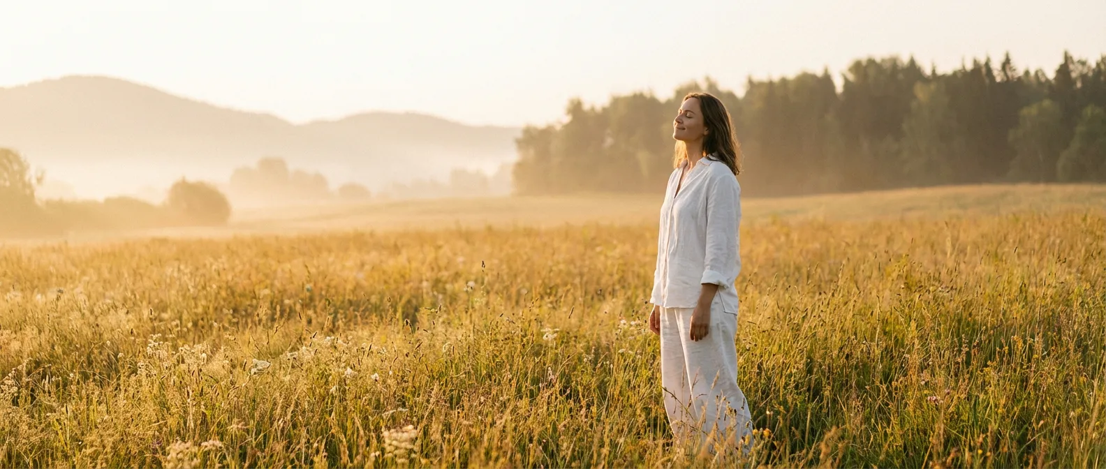 Une femme sereine dans un champ au lever du soleil symbolisant la guérison et le bien-être sous traitement.