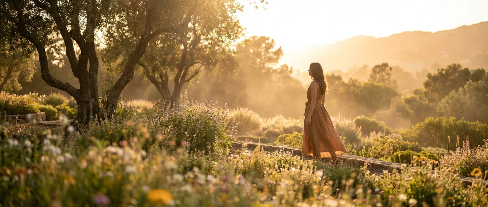 Femme sereine dans un jardin baigné de lumière symbolisant l'espoir d'une grossesse sous Clomid