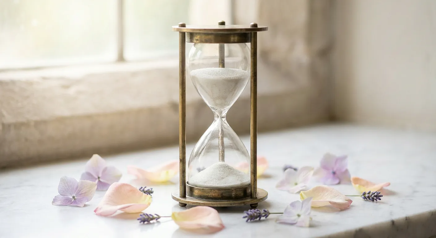 Gros plan sur un sablier et des pétales de fleurs évoquant les délais de conception