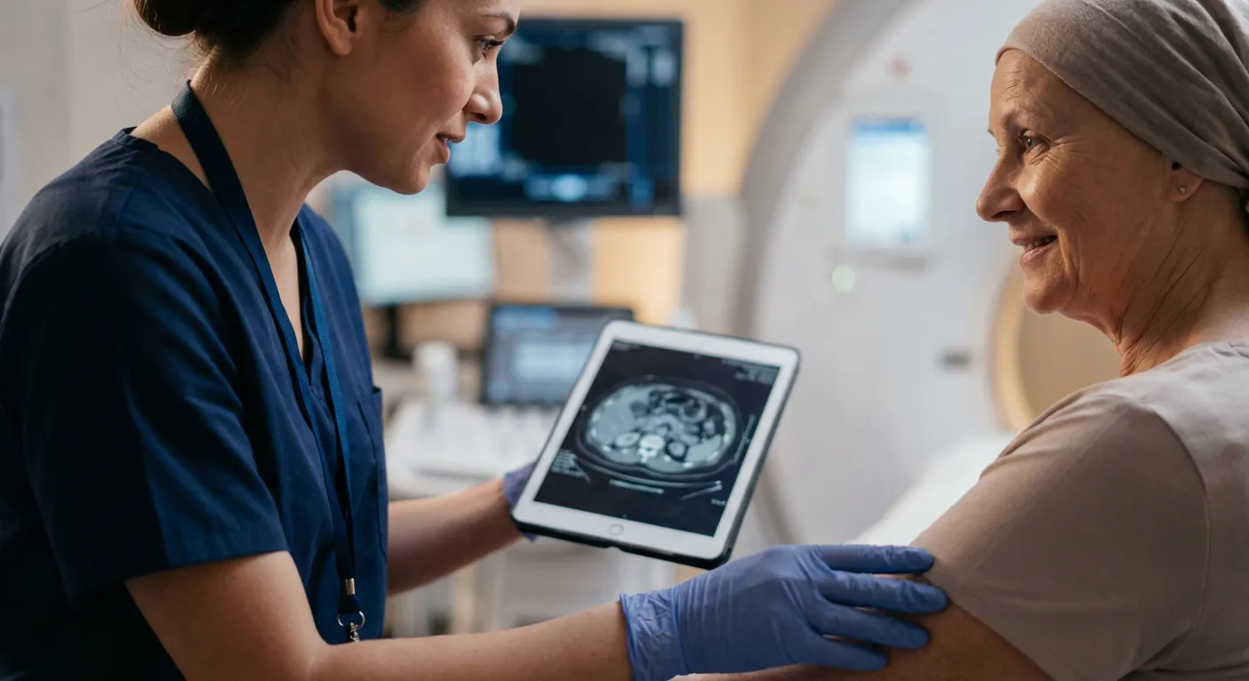 Radiologue expliquant les étapes de l'examen IRM à une patiente