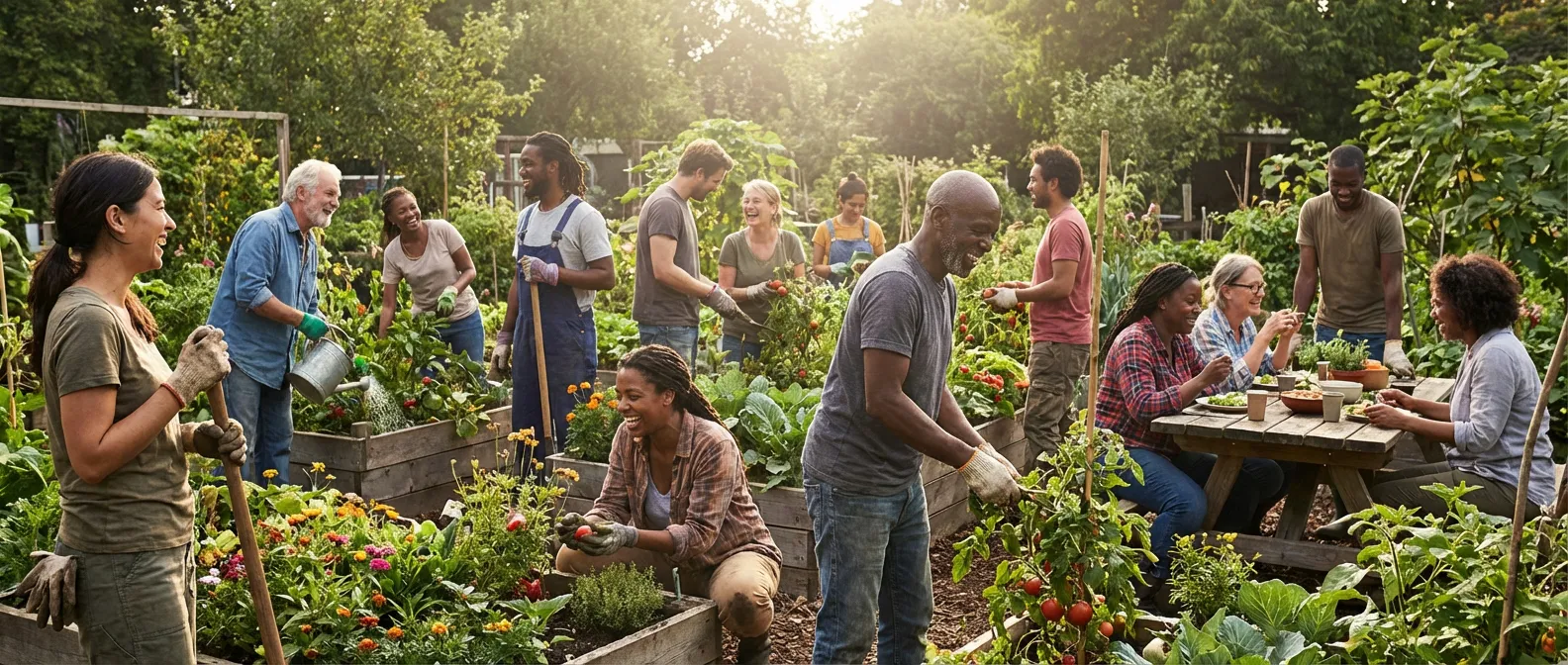 Groupe de bénévoles souriants dans un jardin partagé local