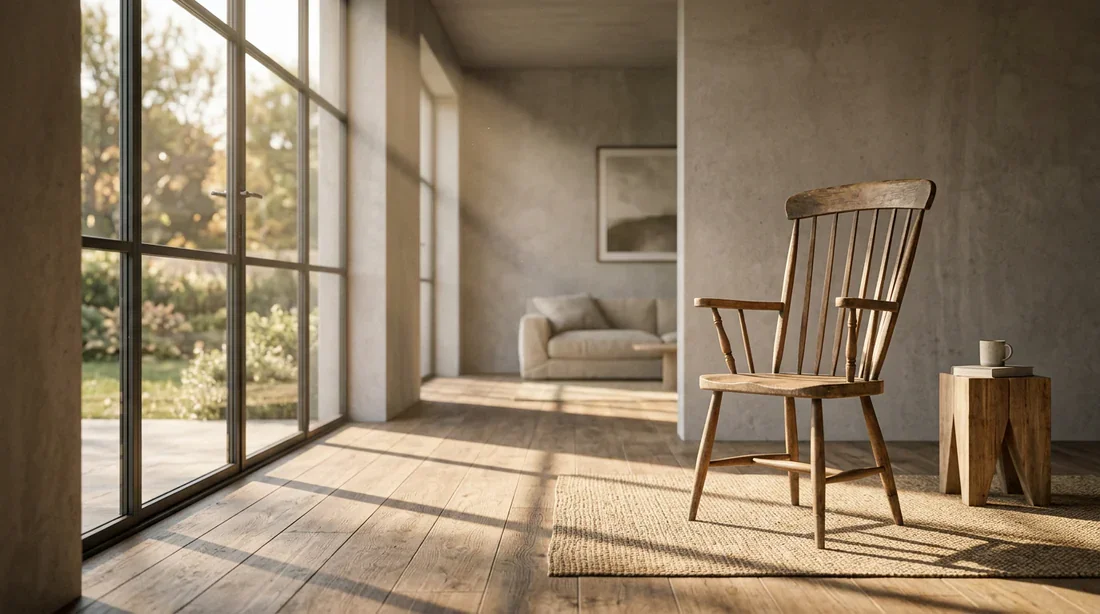 Solitude et réflexion : la distance émotionnelle Une chaise vide dans un salon lumineux symbolisant l'éloignement familial