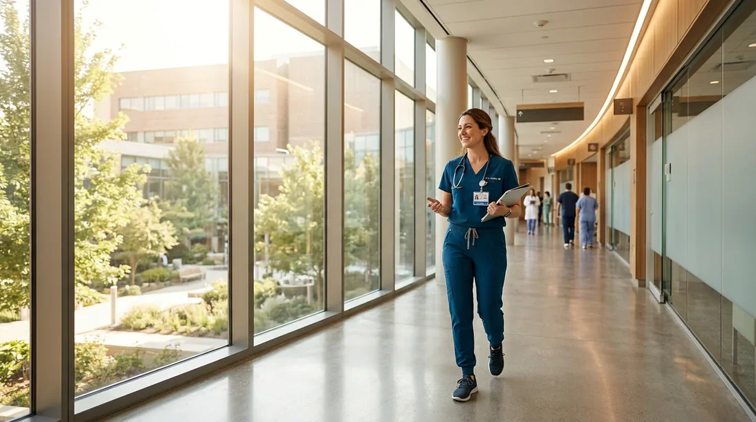 Une professionnelle de santé épanouie dans un environnement hospitalier moderne et lumineux