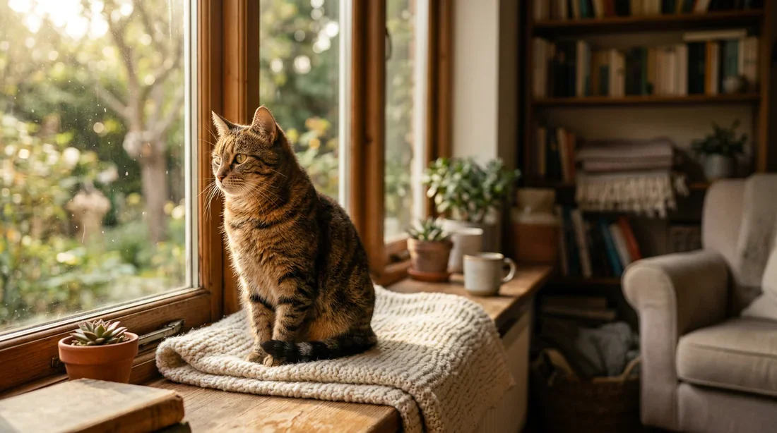Un chat domestique paisible assis près d'une fenêtre ensoleillée dans une atmosphère apaisante