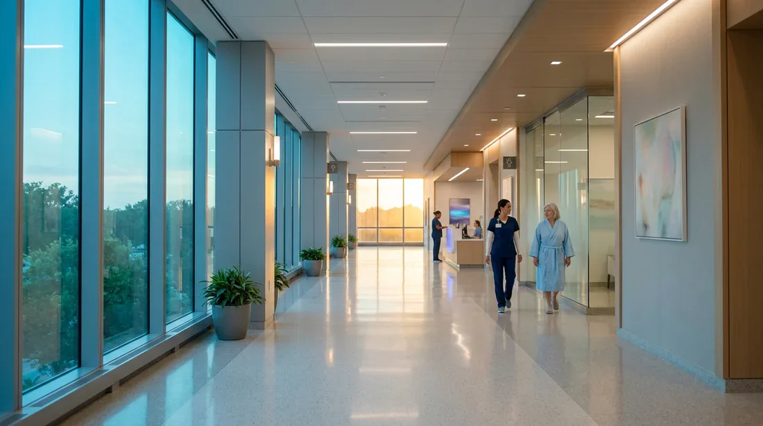 Le parcours de soin avec Phesgo Couloir moderne d'un centre médical baigné de lumière douce et apaisante
