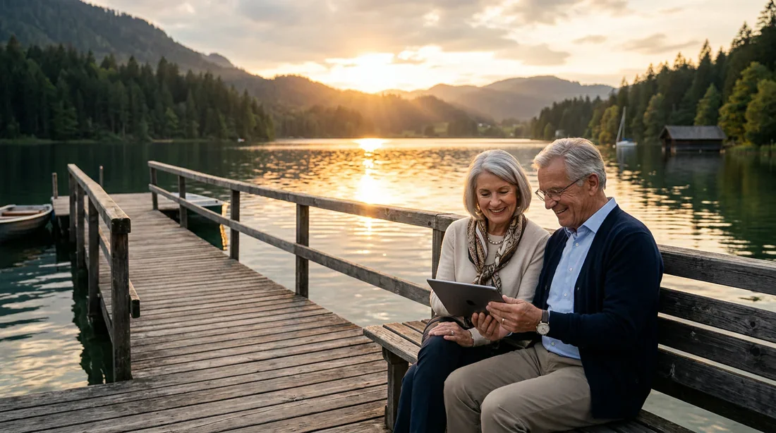 Rencontre et connexion à l'âge d'or Un couple âgé élégant utilisant une tablette au bord d'un lac pendant l'heure dorée