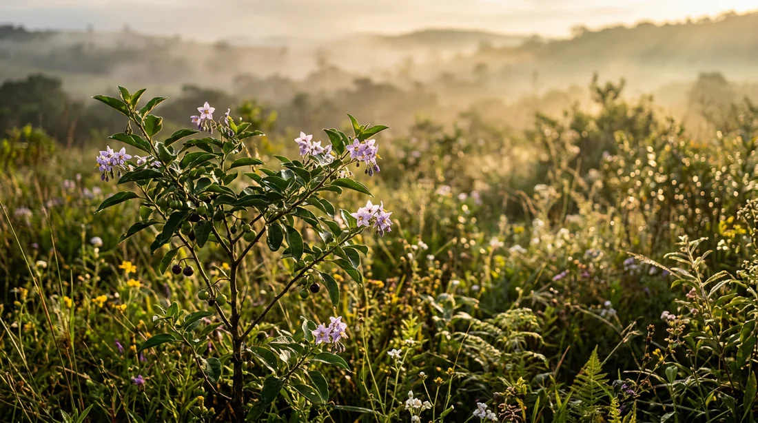 Le Solanum malacoxylon dans son environnement naturel Vue panoramique d'un Solanum malacoxylon dans un champ sauvage sous une lumière dorée