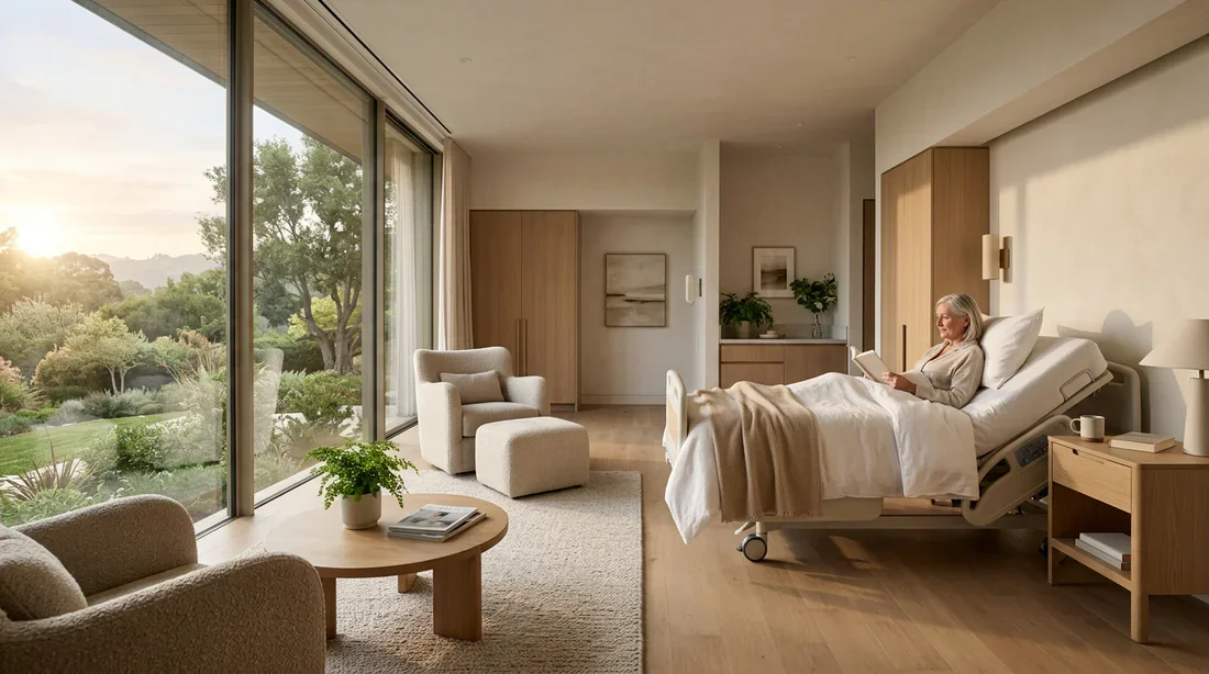 Vue apaisante d'une suite de convalescence médicale moderne baignée de lumière naturelle