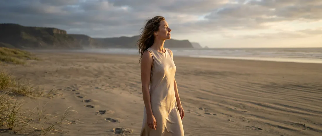 Femme sereine sur une plage au lever du soleil profitant de sa peau guérie du psoriasis