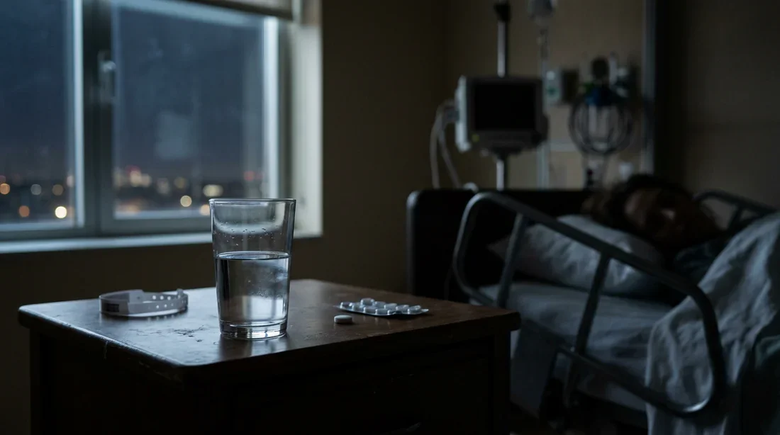 Un verre d'eau et un médicament sur une table de chevet dans une atmosphère mélancolique et clinique