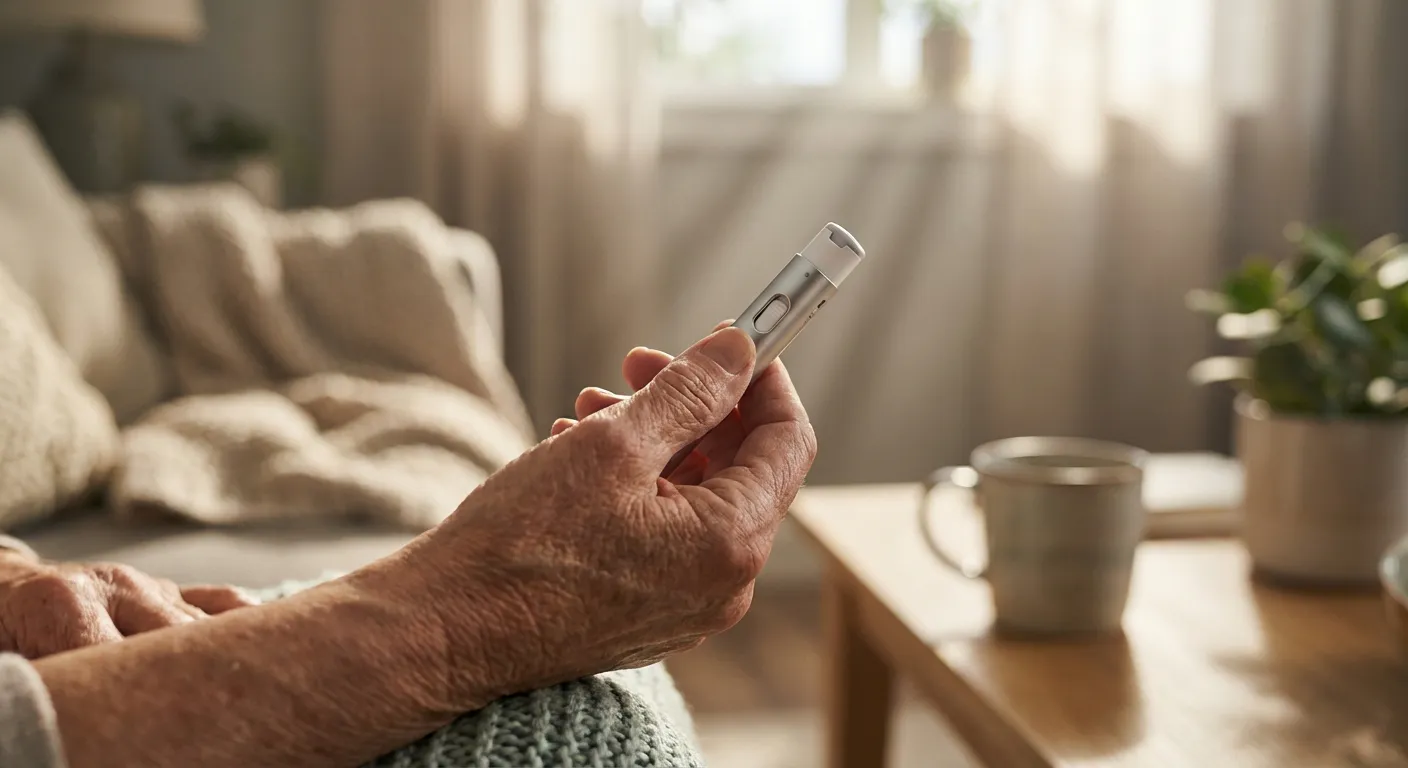 Photographie macro montrant la manipulation précise d'un stylo injecteur pour le diabète.