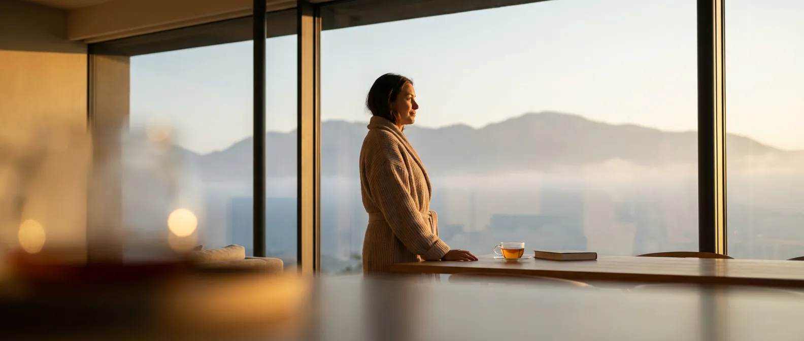 Un patient serein regardant par la fenêtre, symbolisant l'équilibre et l'espoir d'un traitement réussi pour le diabète.
